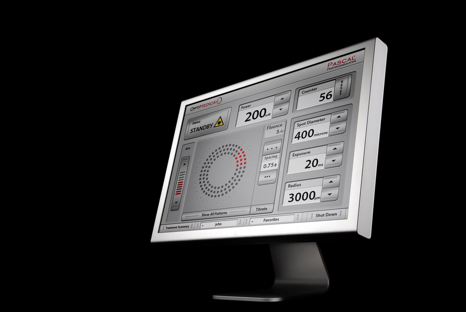 Image of a touch screen monitor whcih sows the user interface of the Pascal Photocoagulator.